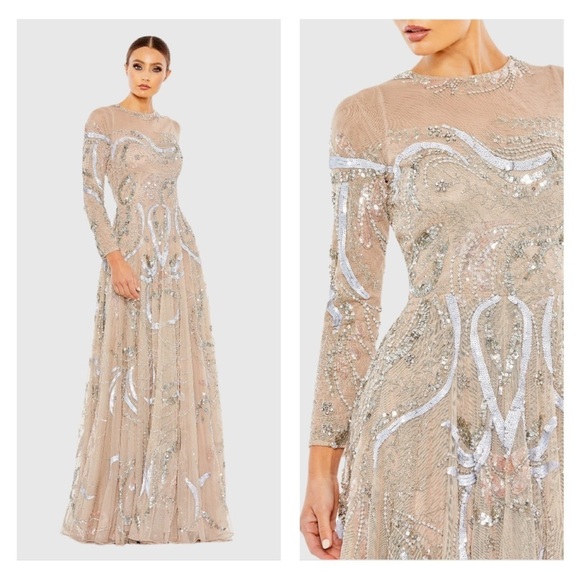 MAC DUGGAL 5217 NWT Long Sleeve Embellished Illusion Evening Gown - Picture 1 of 7
